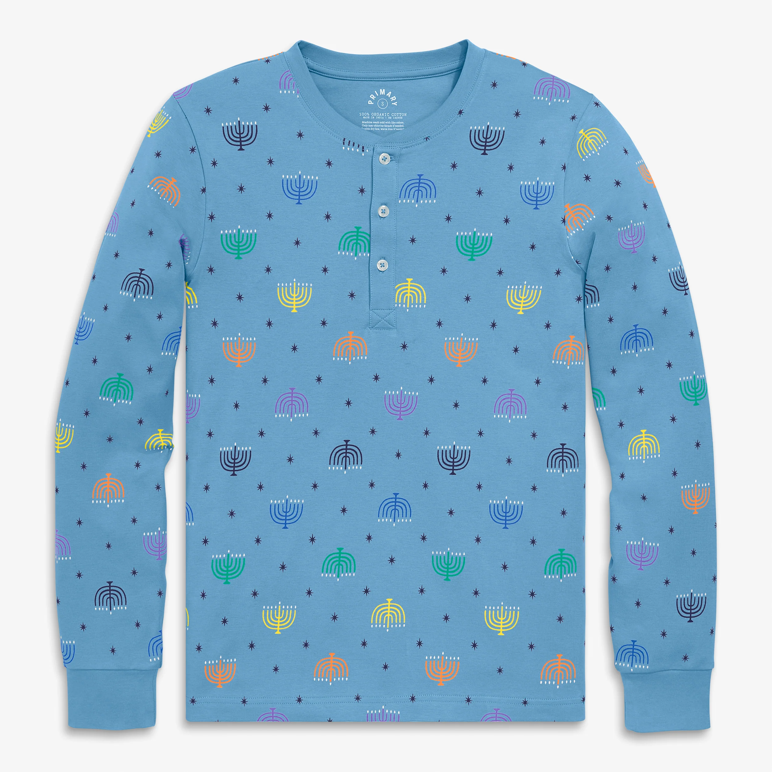 Adult organic henley PJ top in rainbow menorahs (unisex fit)