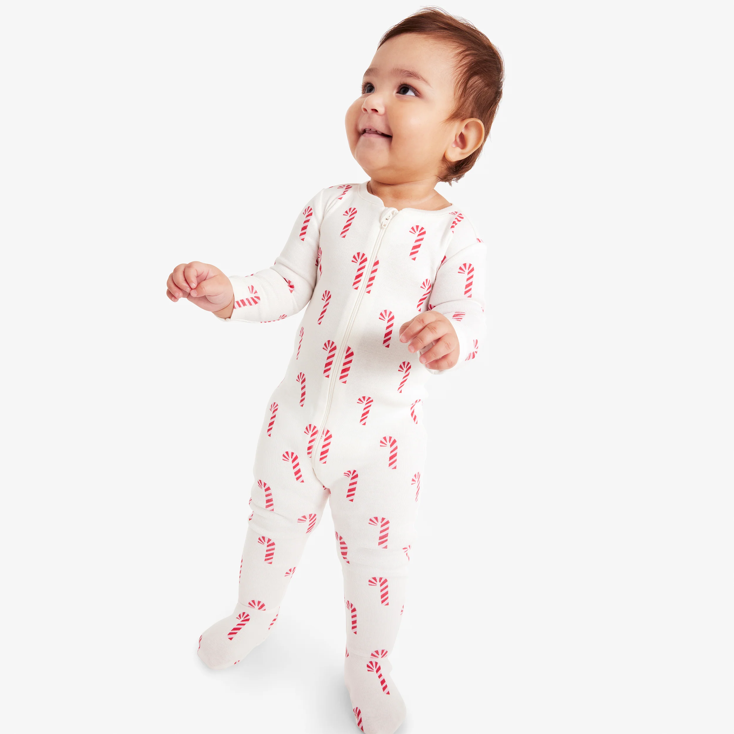 Baby organic zip footie in candy canes