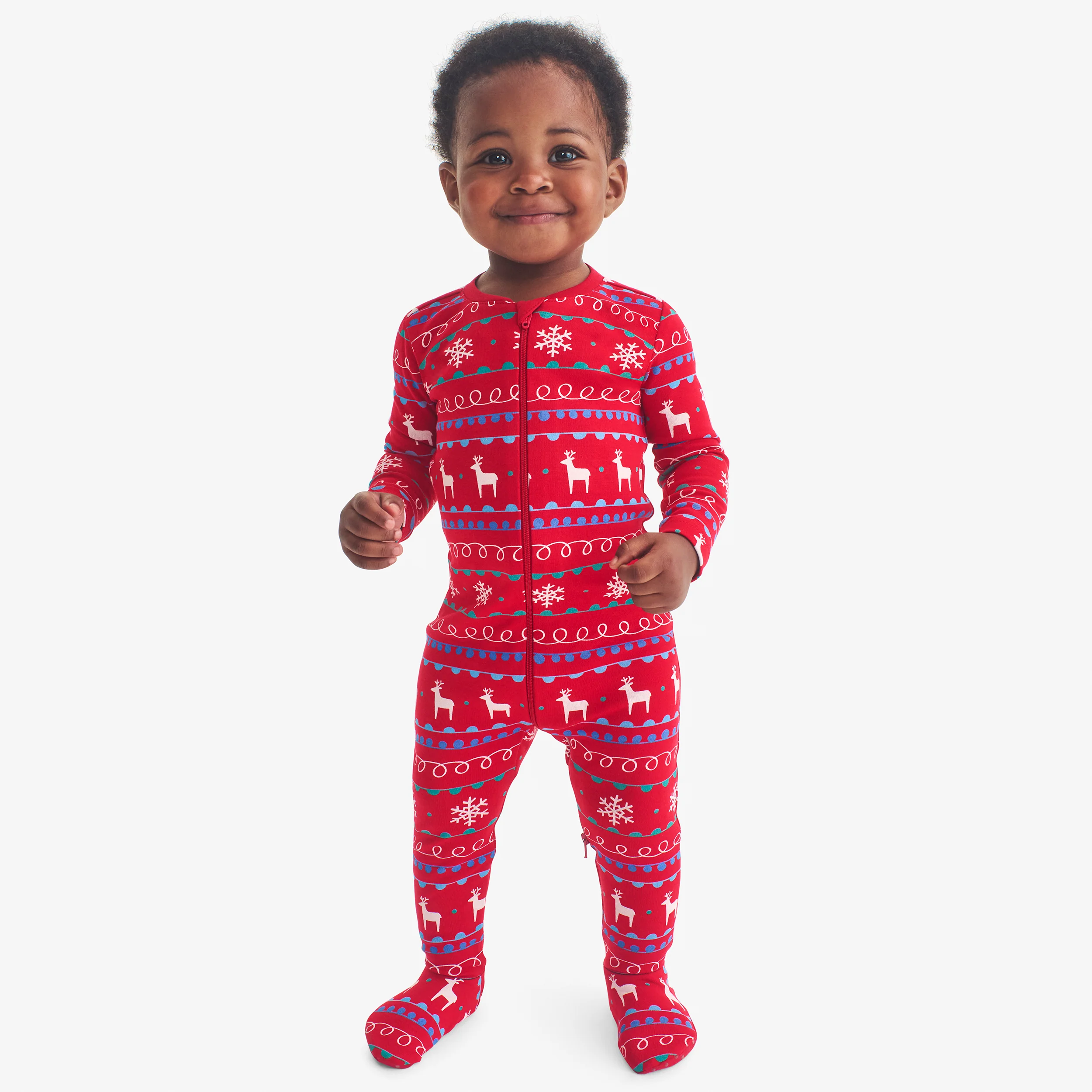Baby organic zip footie in reindeer fair isle