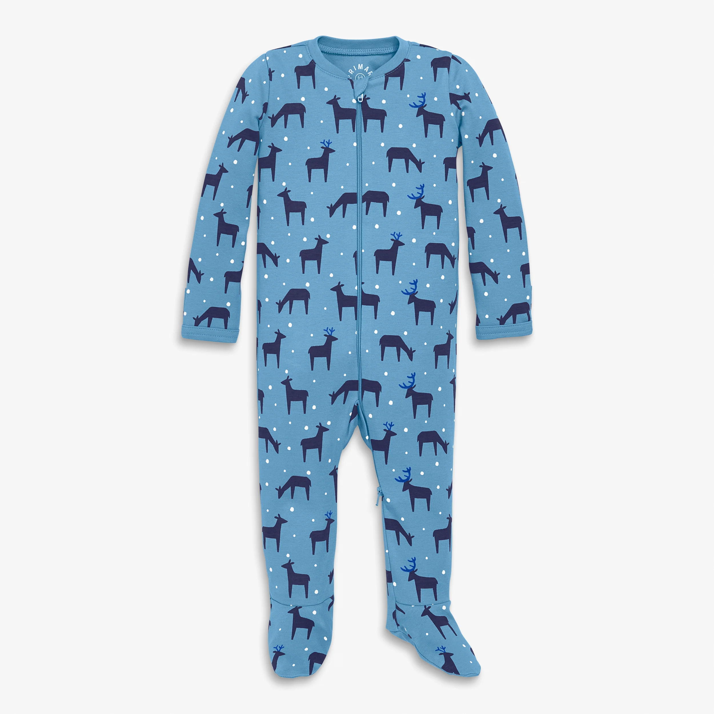 Baby organic zip footie in snowy reindeer