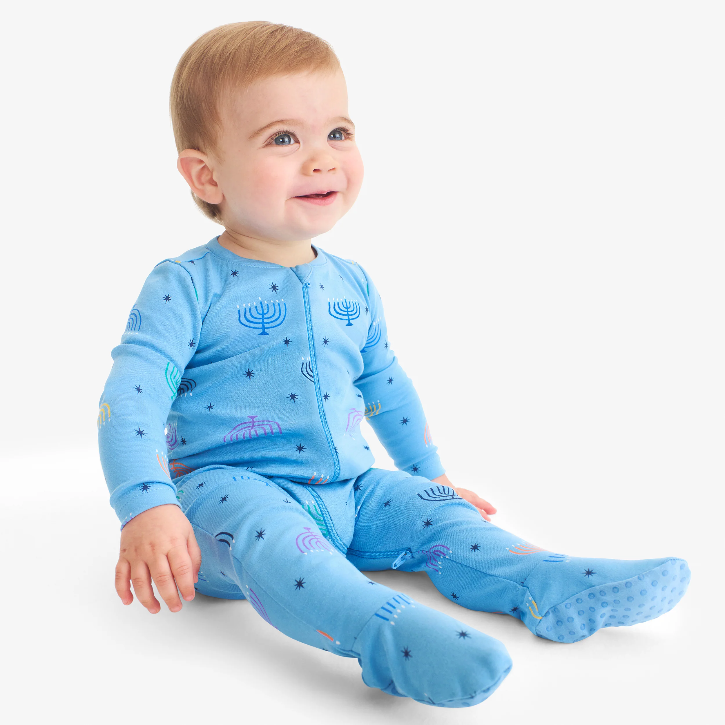 Baby organic zip footie in rainbow menorahs