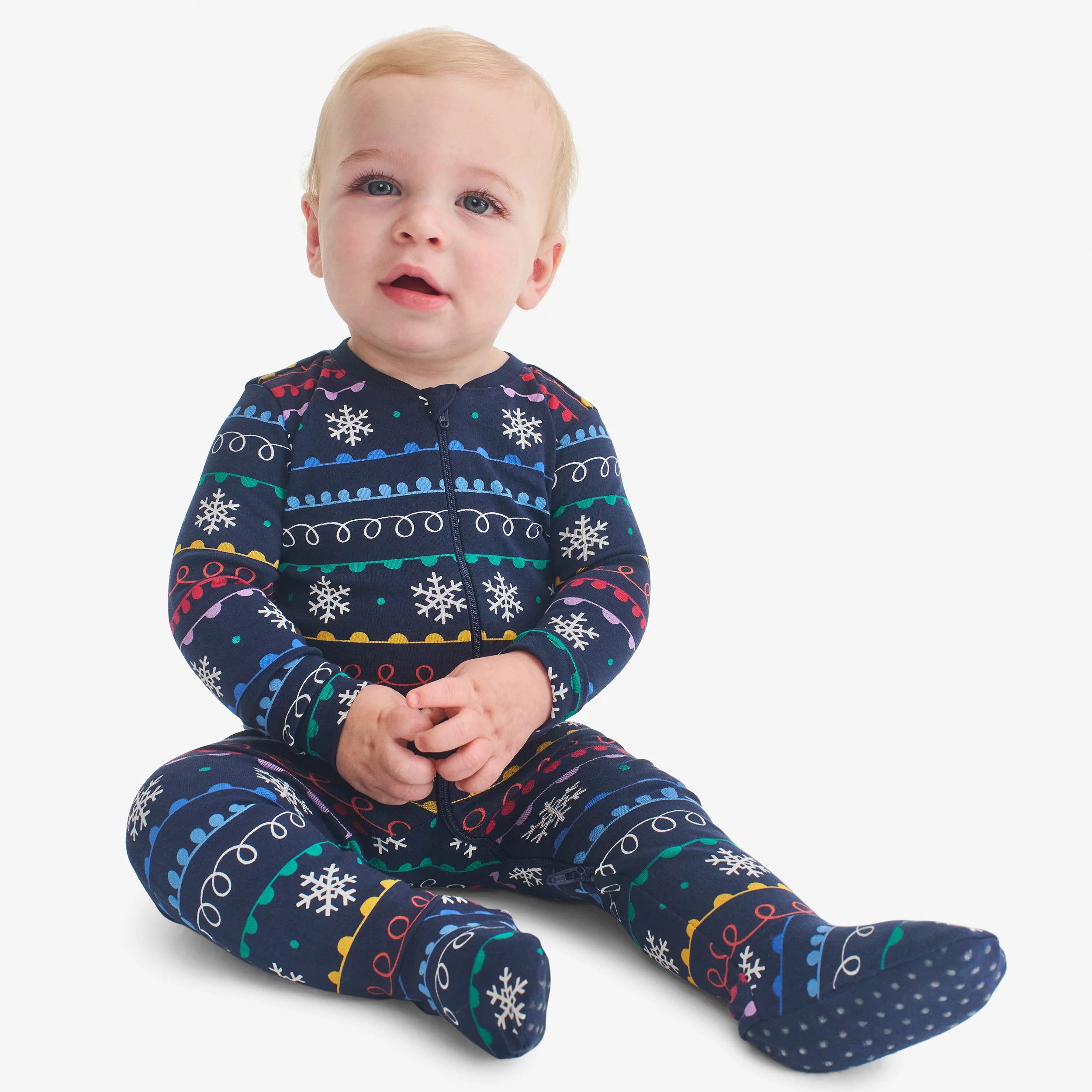 Baby organic zip footie in rainbow fair isle