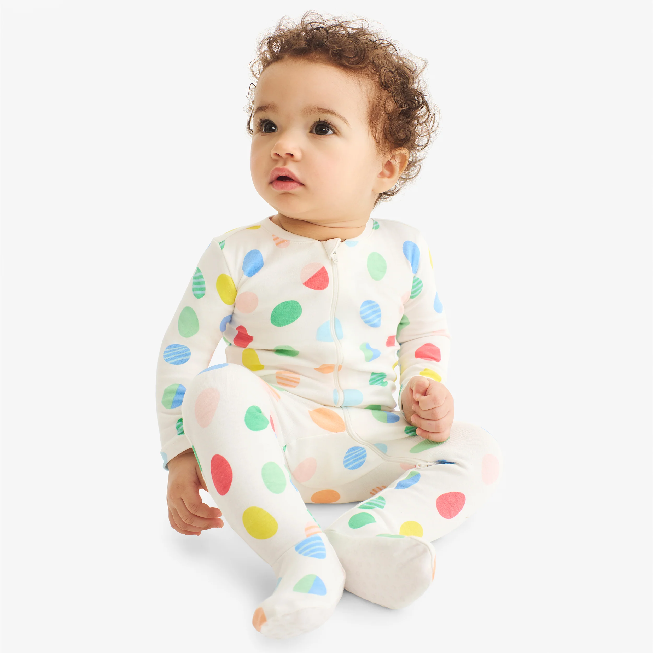 Baby organic zip footie in rainbow egg hunt