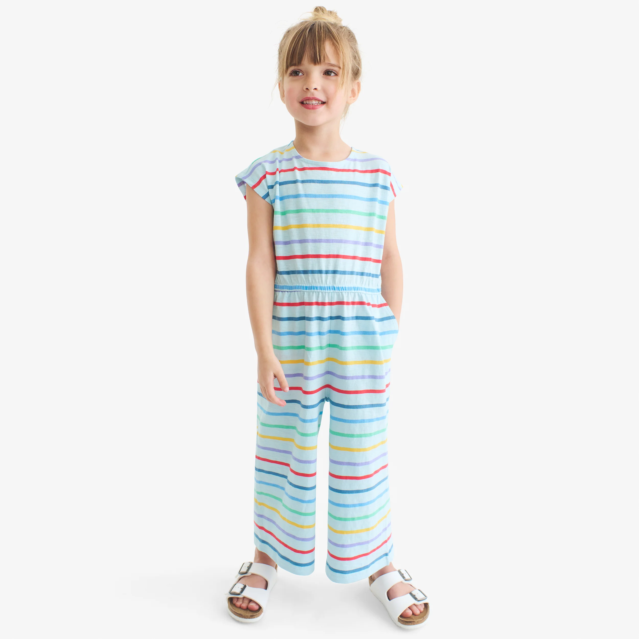 Kids backyard romper in rainbow stripe