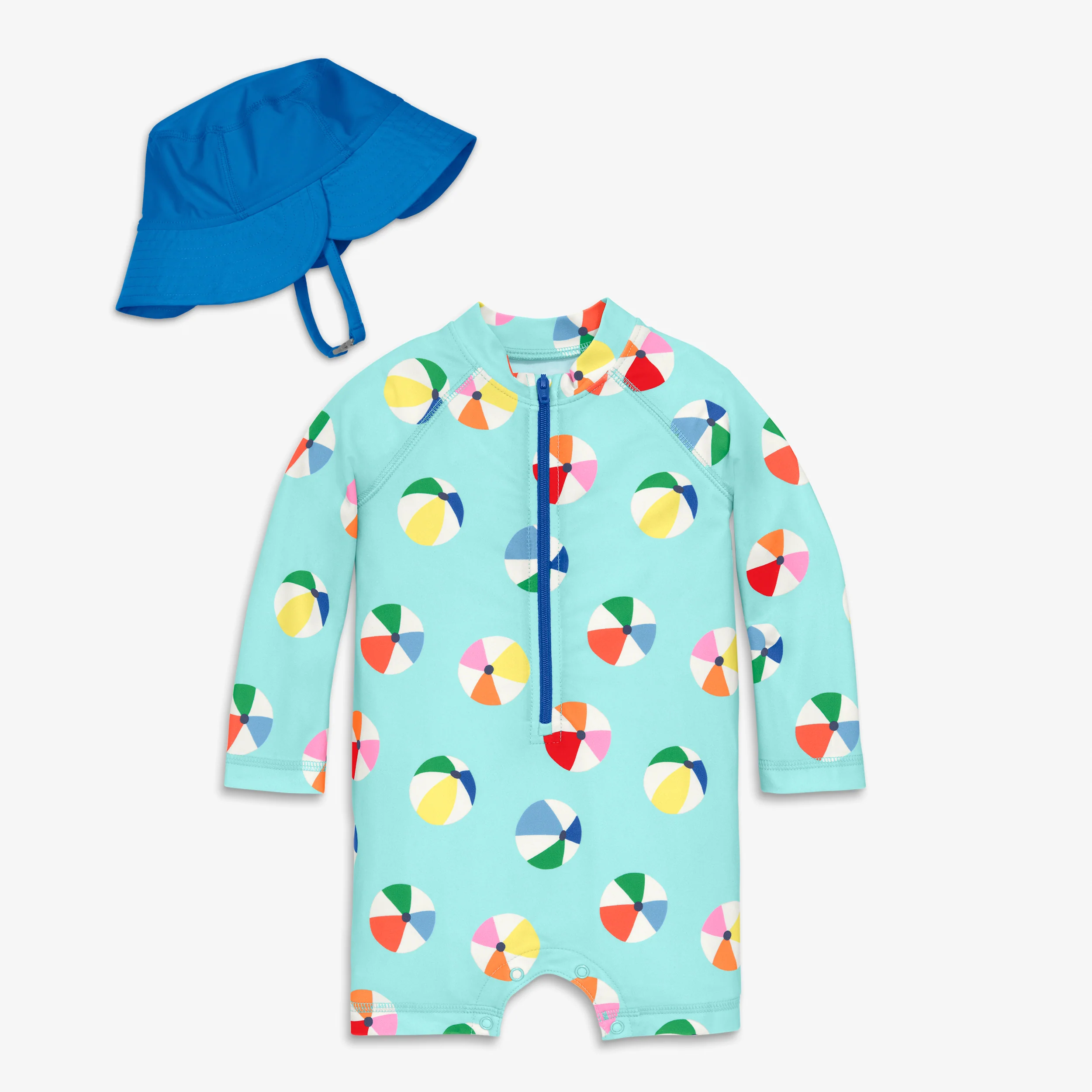 Baby one-piece rash guard & hat in beach balls