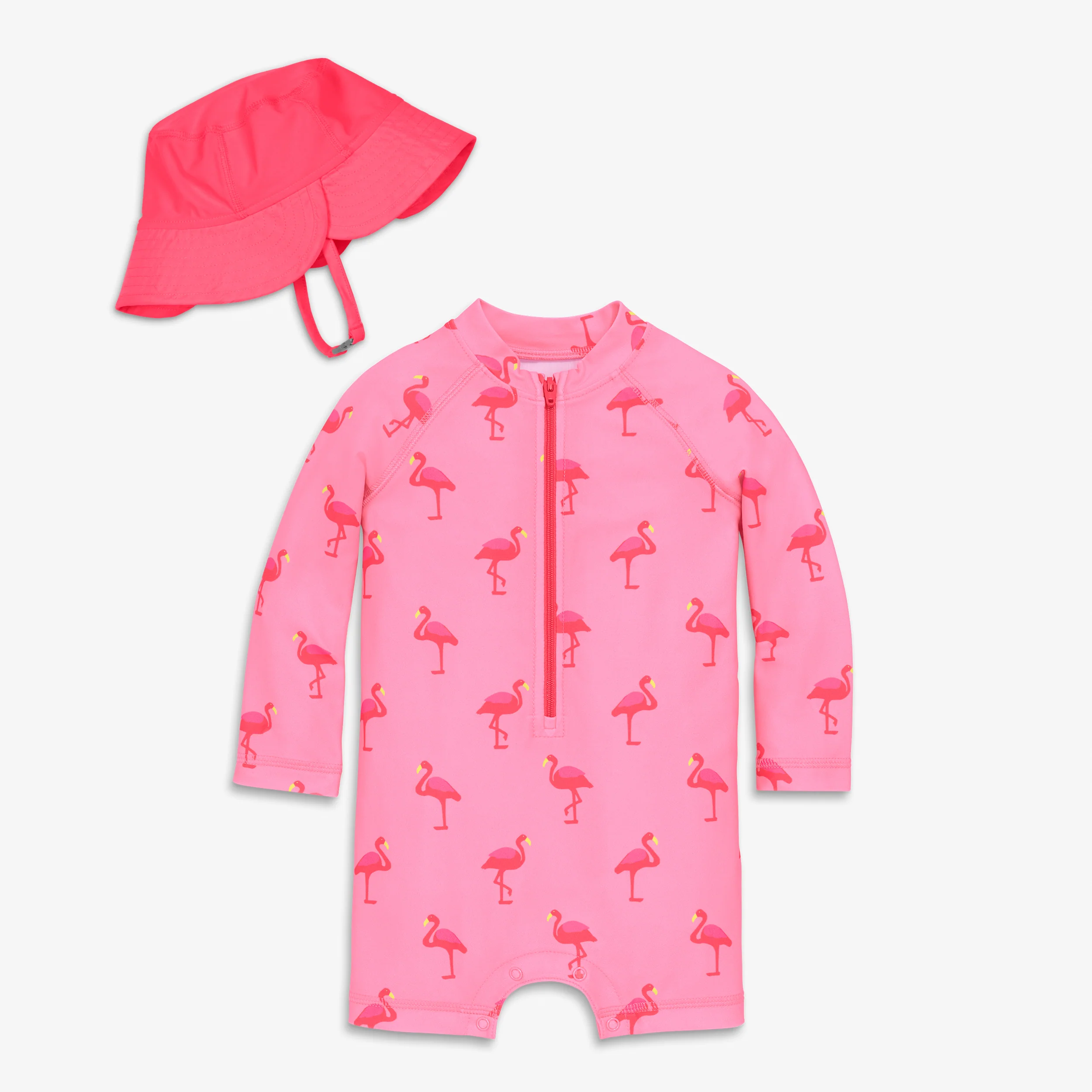 Baby one-piece rash guard & hat in flamingos