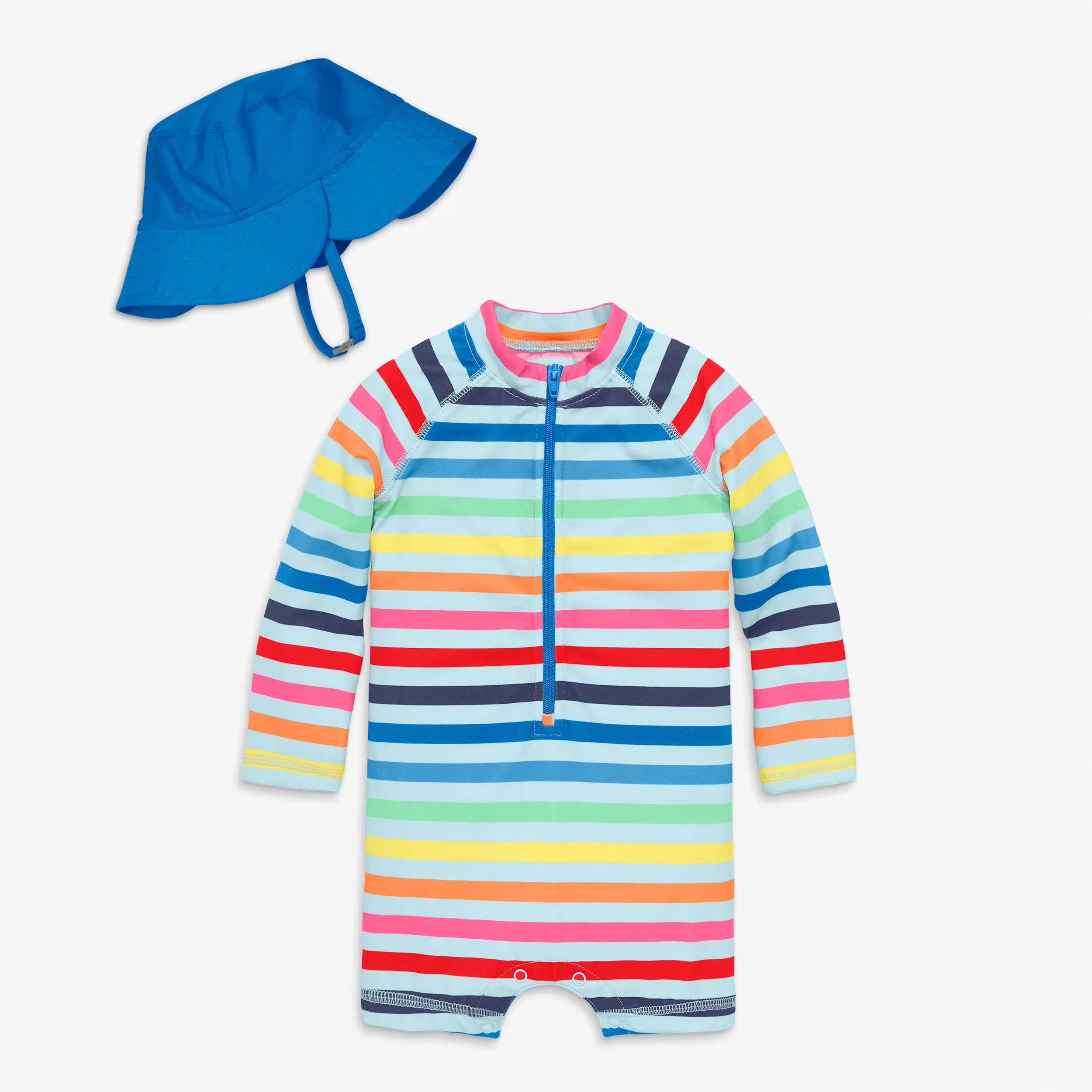 Baby one-piece rash guard & hat in rainbow stripe