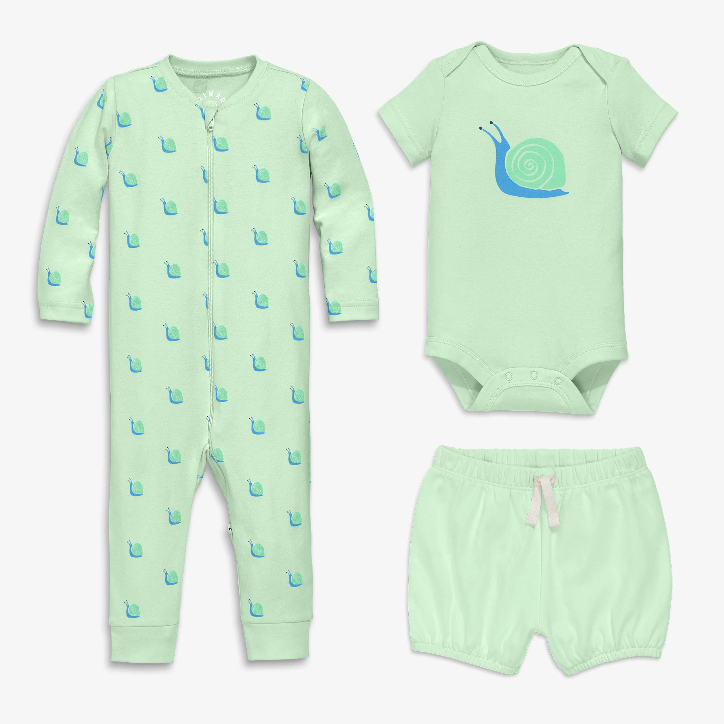 Baby organic snail playsuit bundle