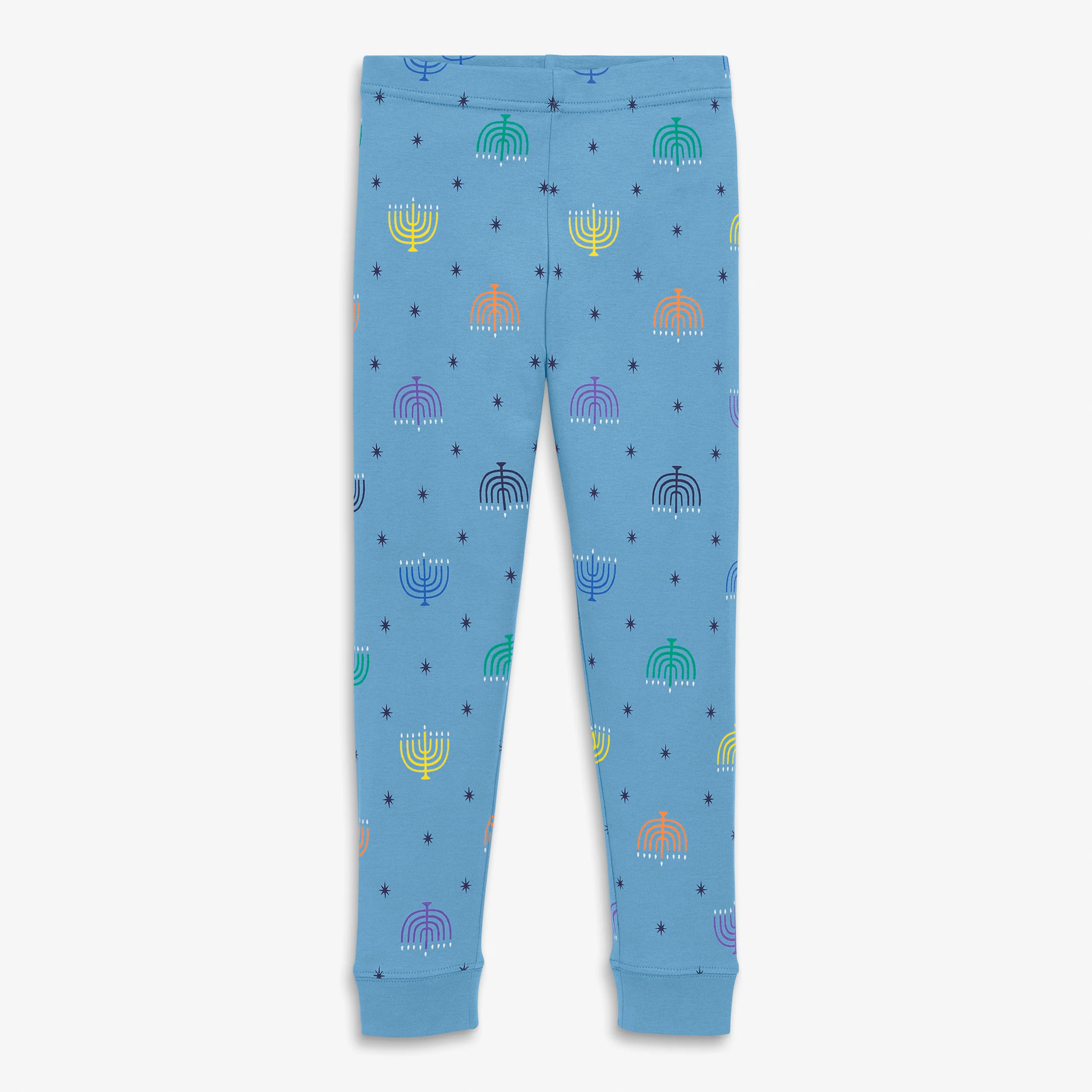 Kids organic PJ pant in rainbow menorahs