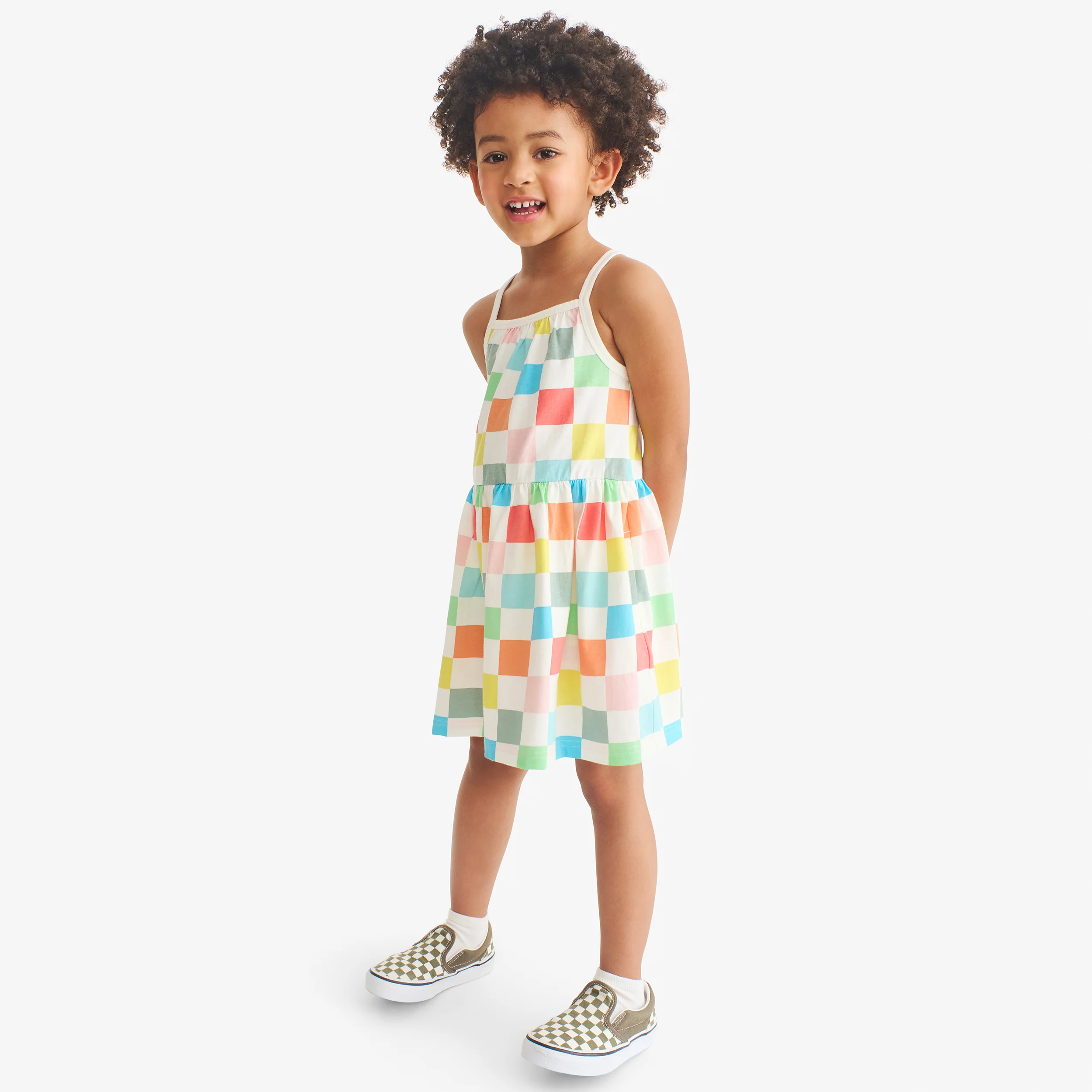 Kids picnic dress in rainbow checkerboard - Image 3