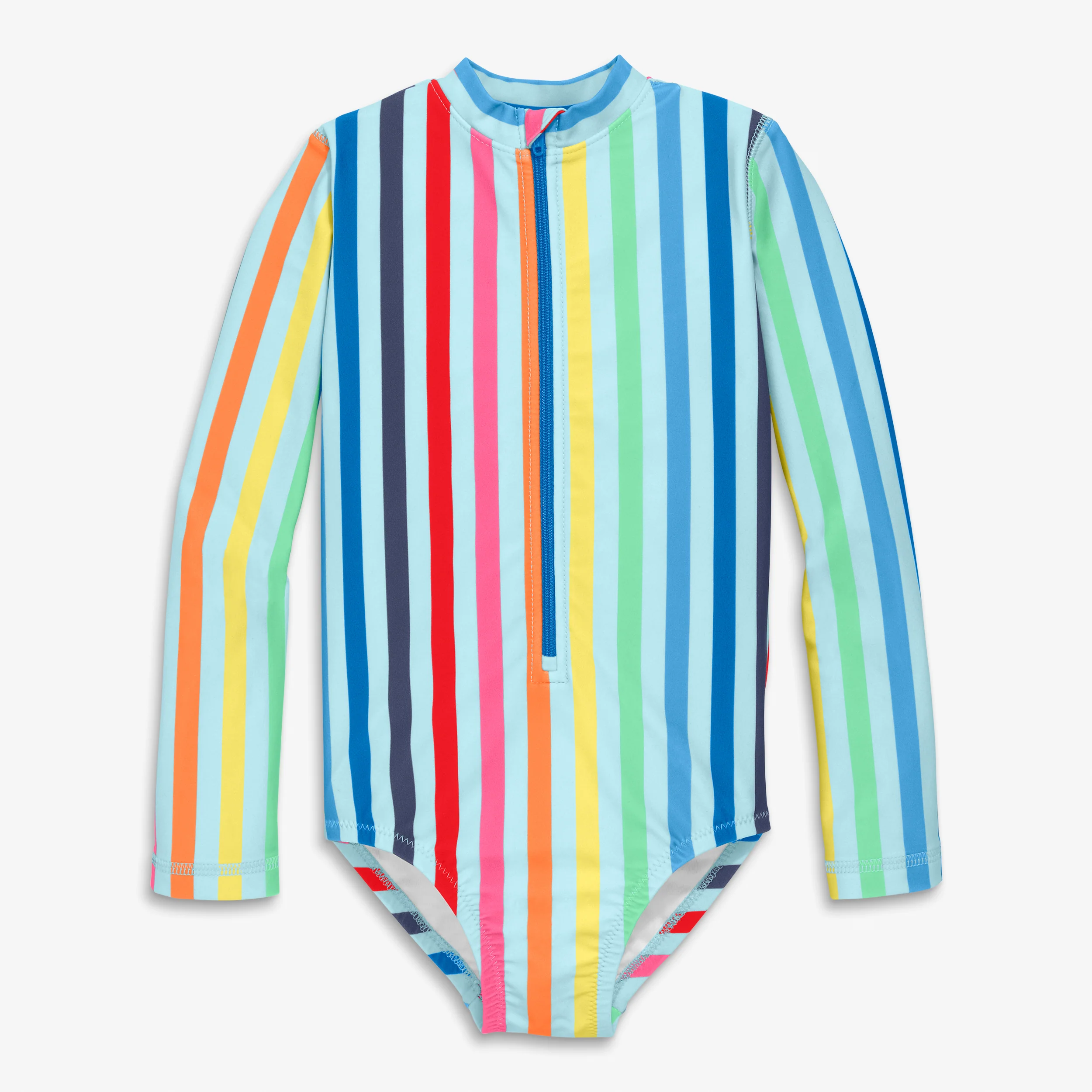 Kids long sleeve one-piece rash guard in rainbow sky stripe - Image 2