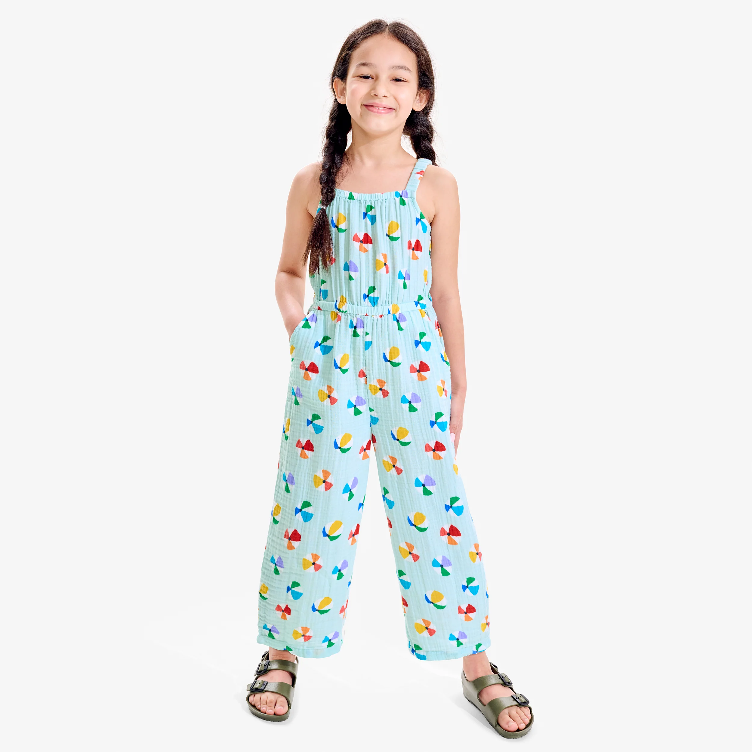 Clearance kids cotton gauze tank jumpsuit in rainbow beach balls