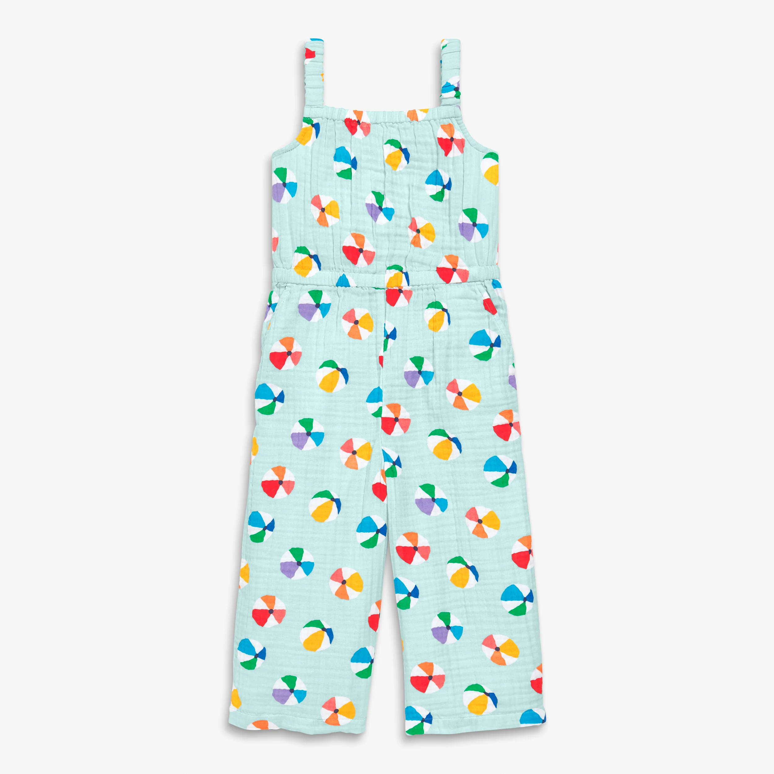 Clearance kids cotton gauze tank jumpsuit in rainbow beach balls - Image 2
