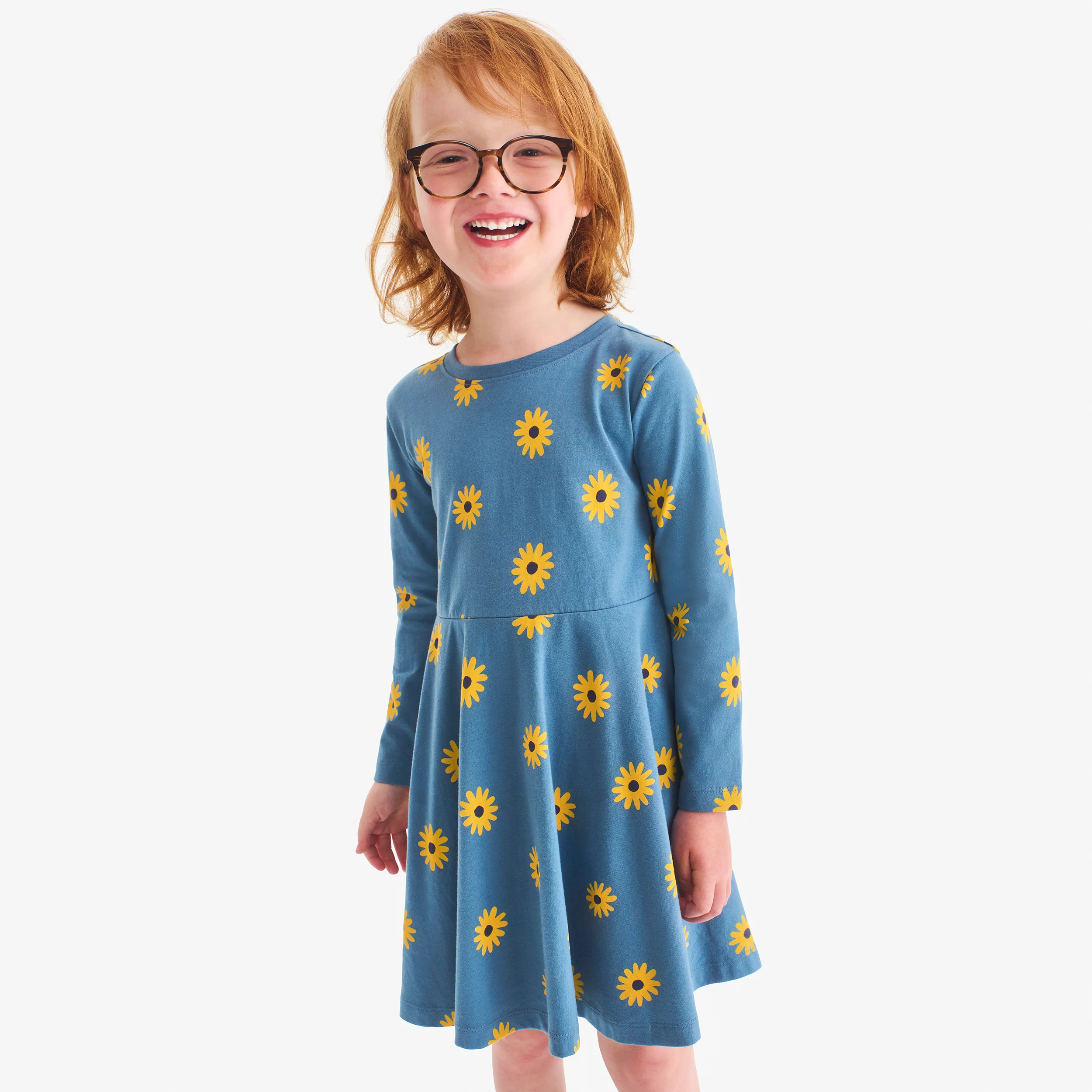 Clearance kids long sleeve twirly dress in sunflowers